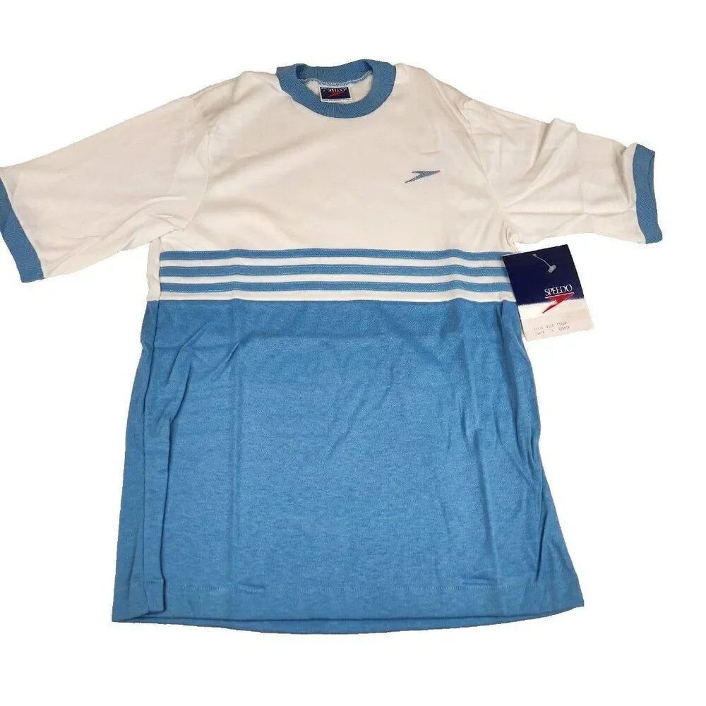 Vintage 80s Speedo Crewneck Ringer Tshirt Mens S Blue White Deadstock NEW